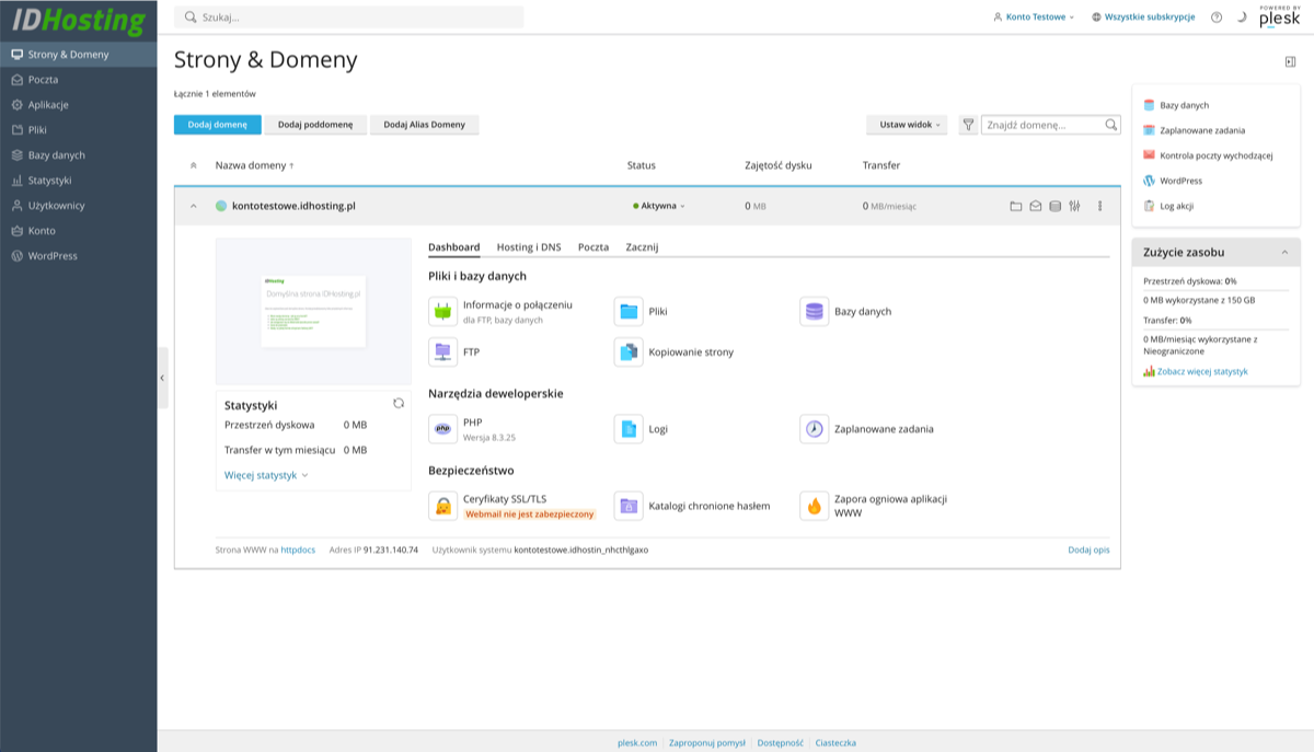 Plesk - strona główna