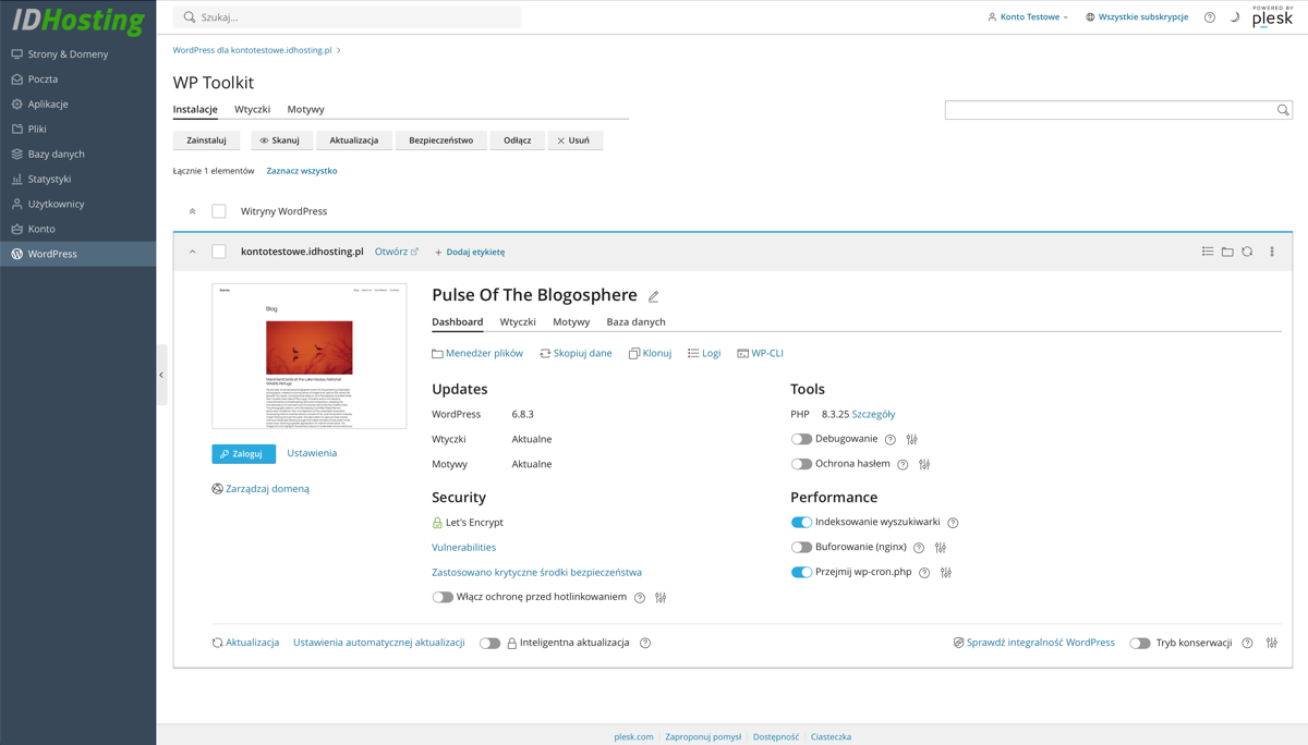 Wordpress Toolkit - ekran główny zarządzania Wordpressem